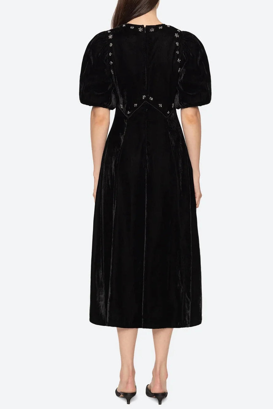 Vicky Black Rhinestone Embellished Velvet Puff Sleeve Maxi Dress - OWNCI