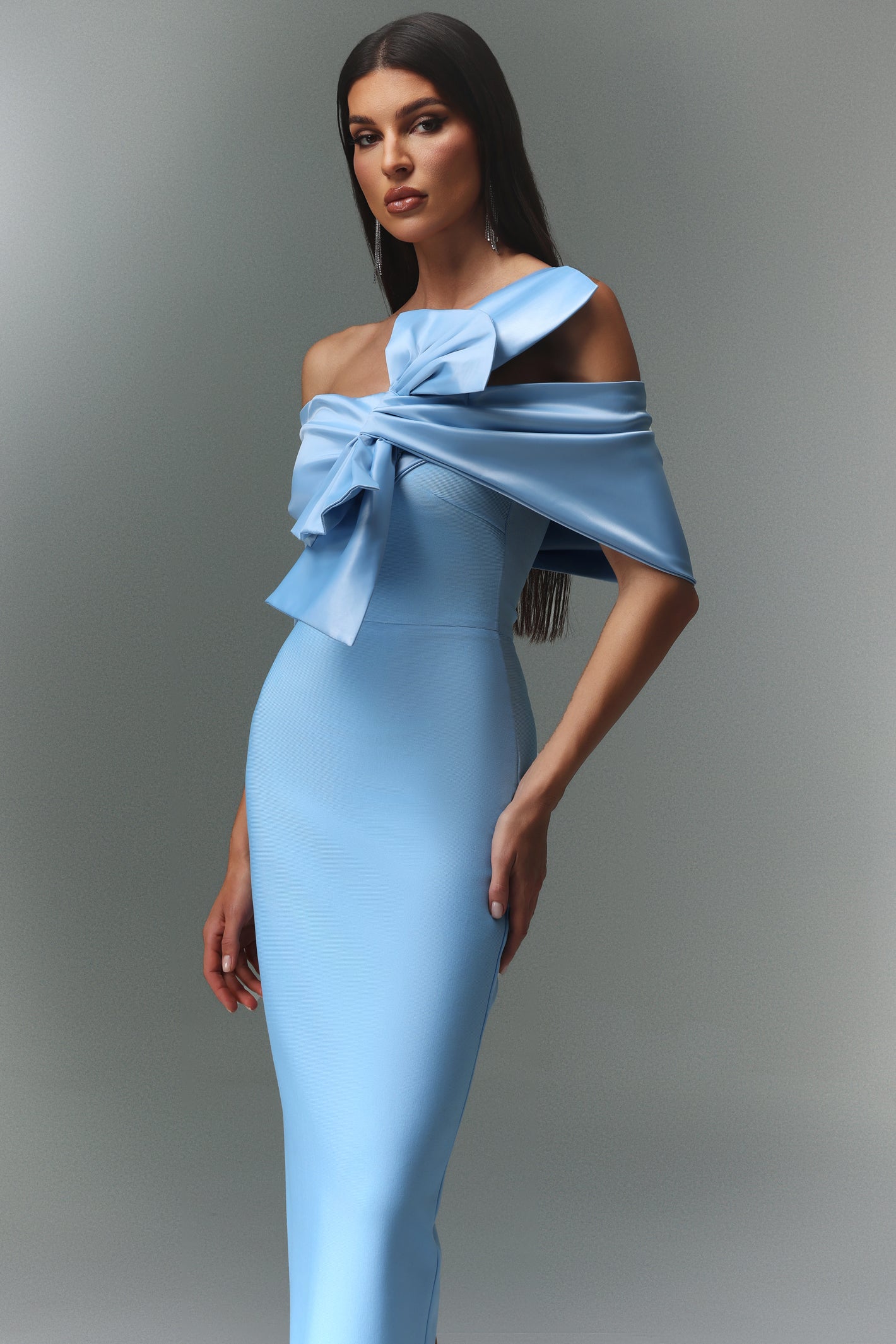 Marina Blue One-Shoulder Bow Bandage Satin Maxi Dress - OWNCI Marina Blue One-Shoulder Bow Bandage Satin Maxi Dress - OWNCI