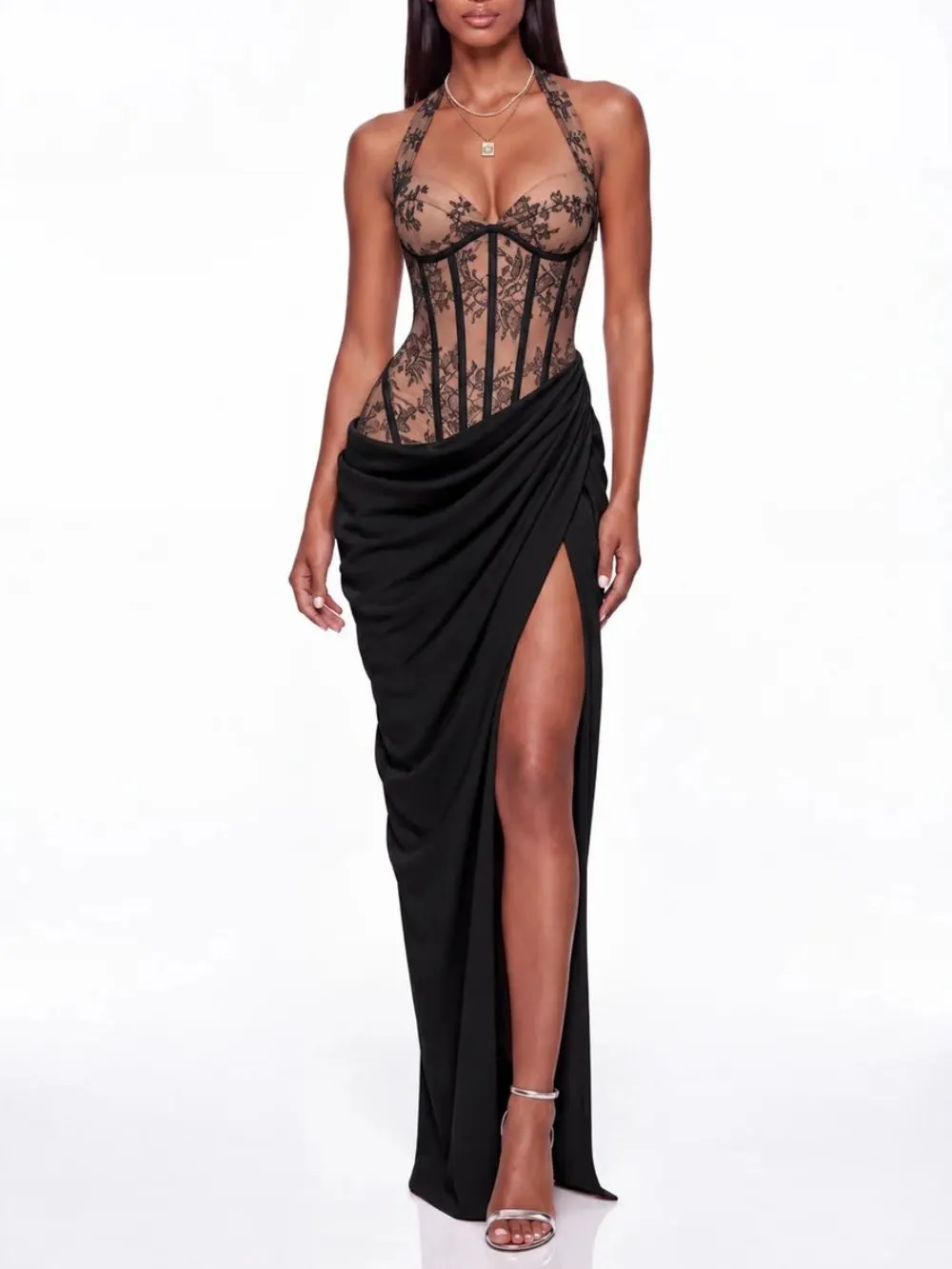 Fujiye Halterneck Lace Corset Split Dress In Black - OWNCI