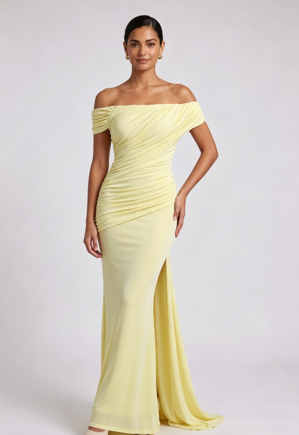 Pale Yellow Stretch Jersey Column Gown - OWNCI Pale Yellow Stretch Jersey Column Gown - OWNCI