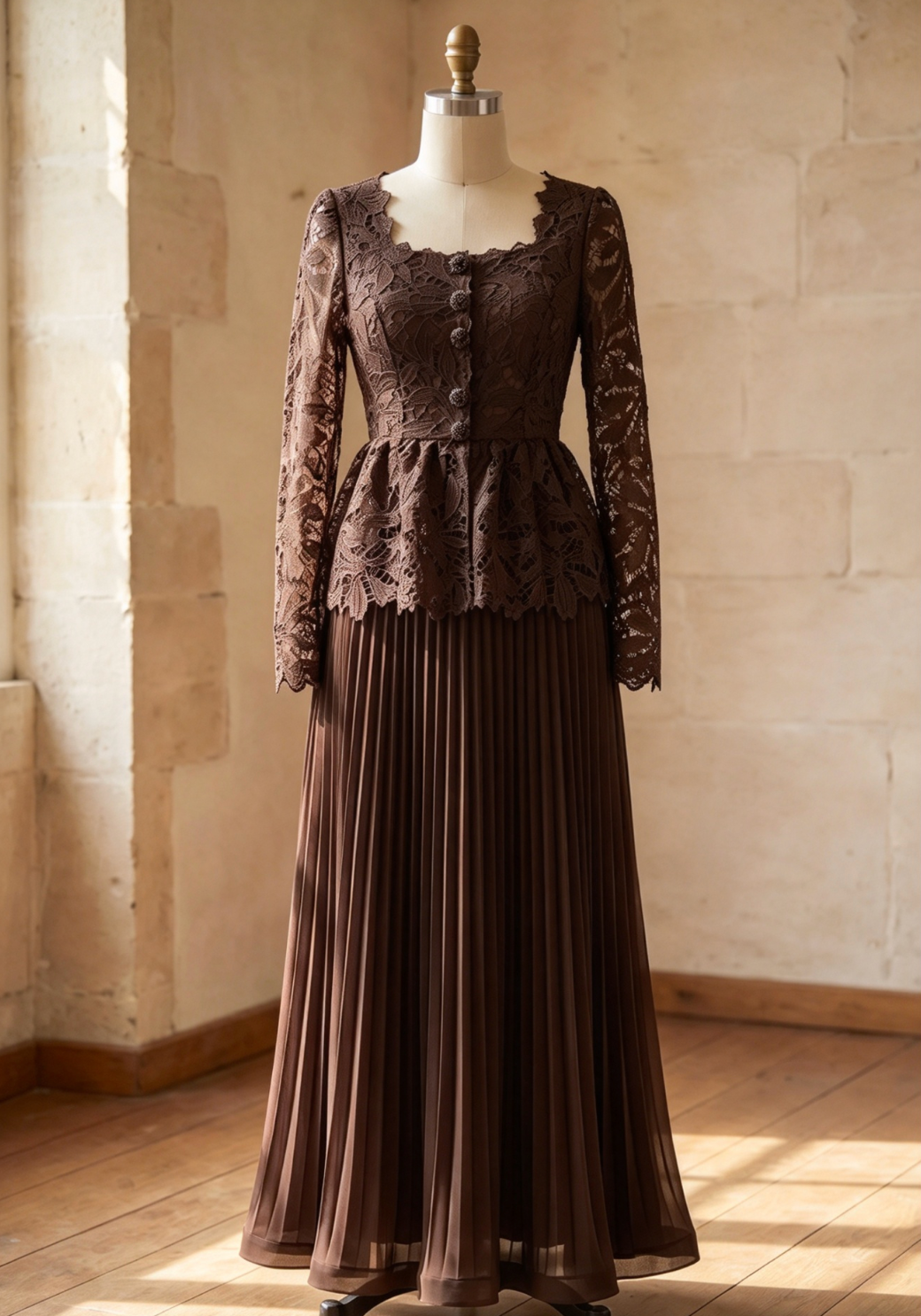 Dark Brown Guipure Lace Peplum Top & Pleated Maxi Skirt Two-Piece Set - OWNCI