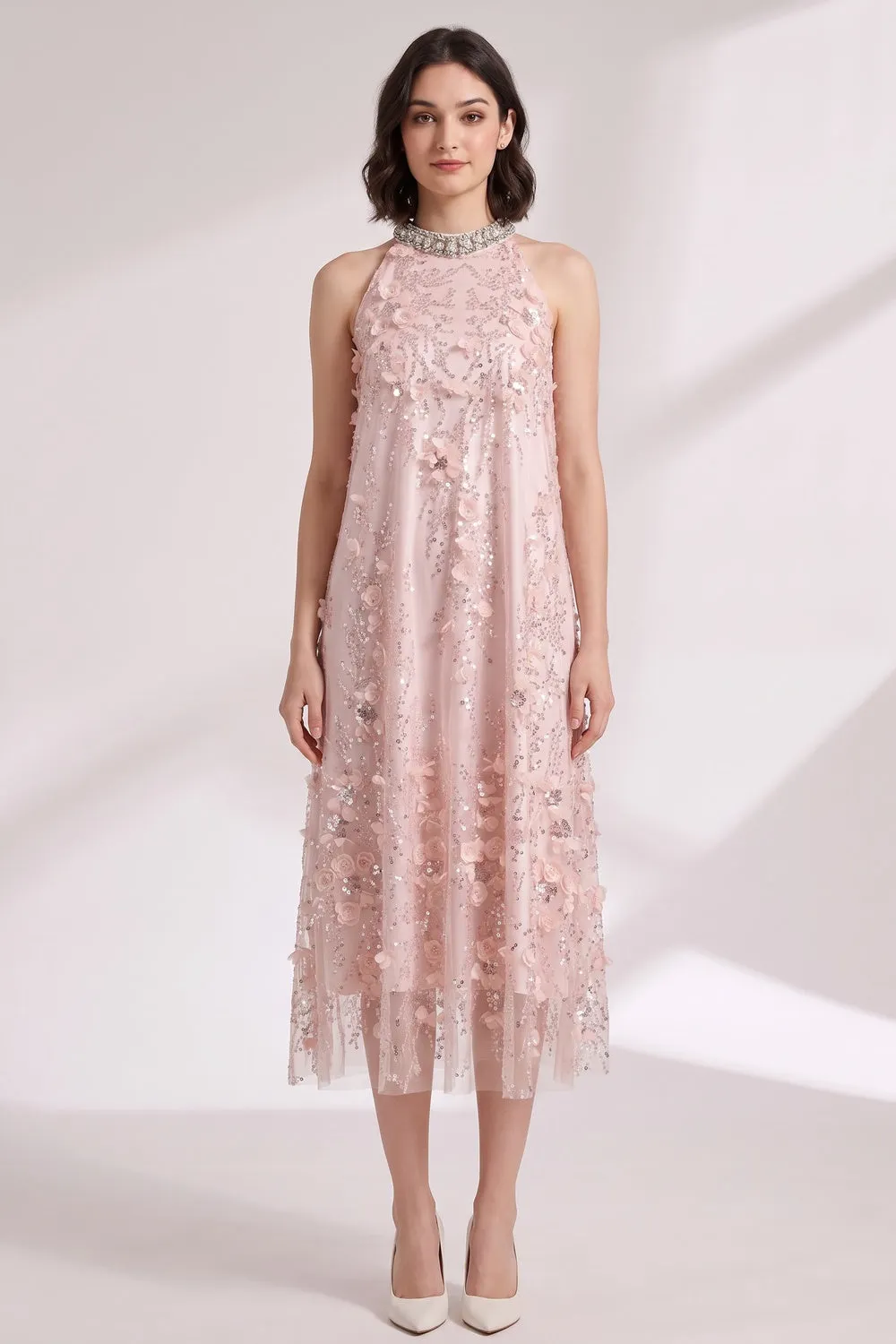 Blush Pink Tulle Mesh A-Line Shift Dress with Floral Embellishment - OWNCI Blush Pink Tulle Mesh A-Line Shift Dress with Floral Embellishment - OWNCI