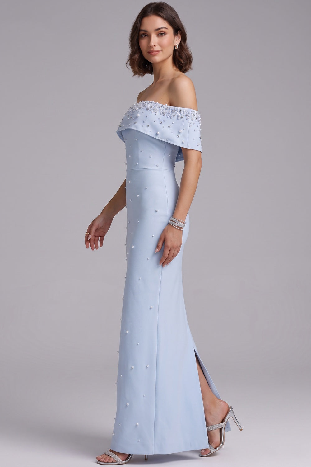 Light Blue Structured Crepe Column Gown with Pearl Embellishments - OWNCI Light Blue Structured Crepe Column Gown with Pearl Embellishments - OWNCI