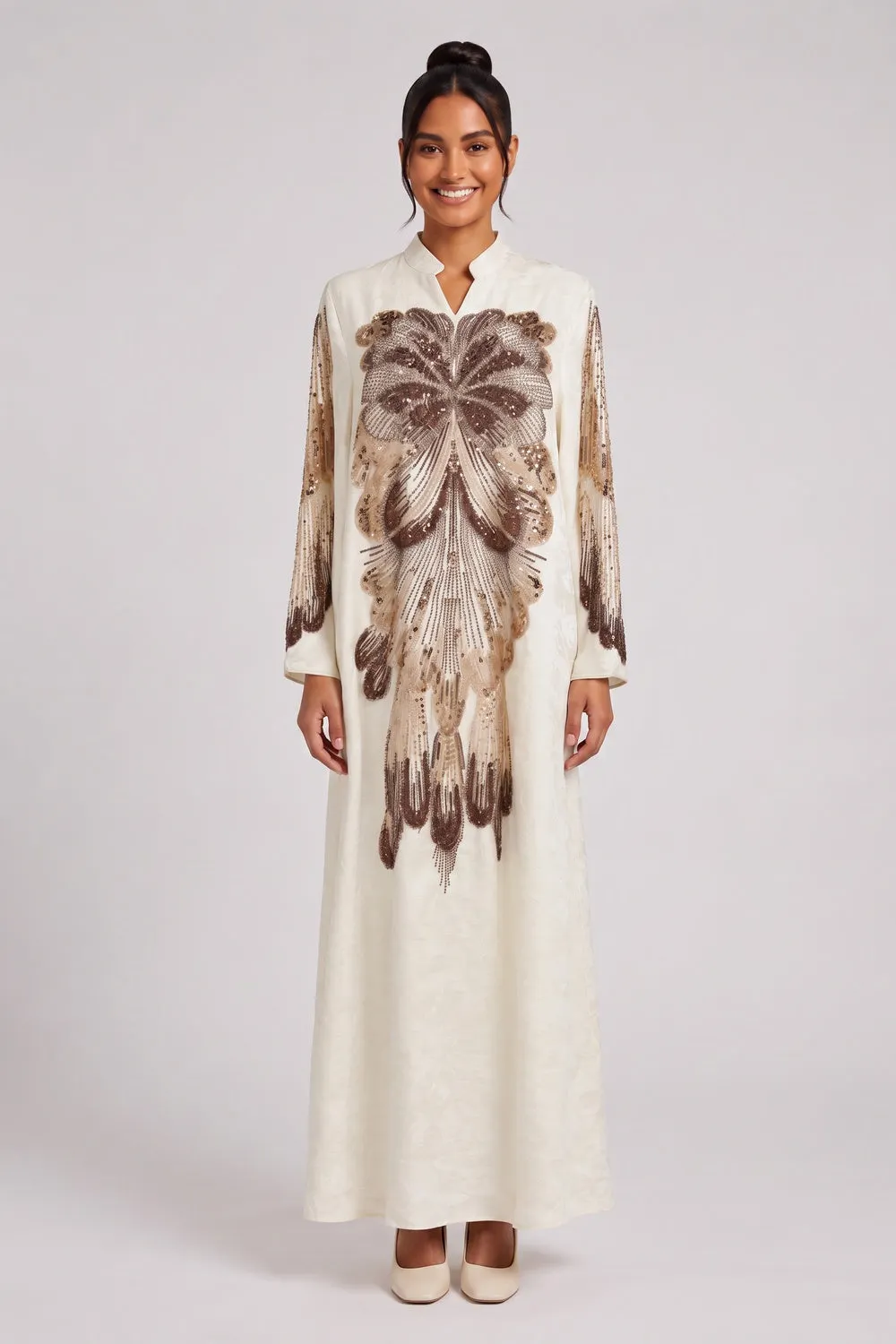 Cream Textured Crepe Or Raw Silk A-Line Kaftan Dress - OWNCI