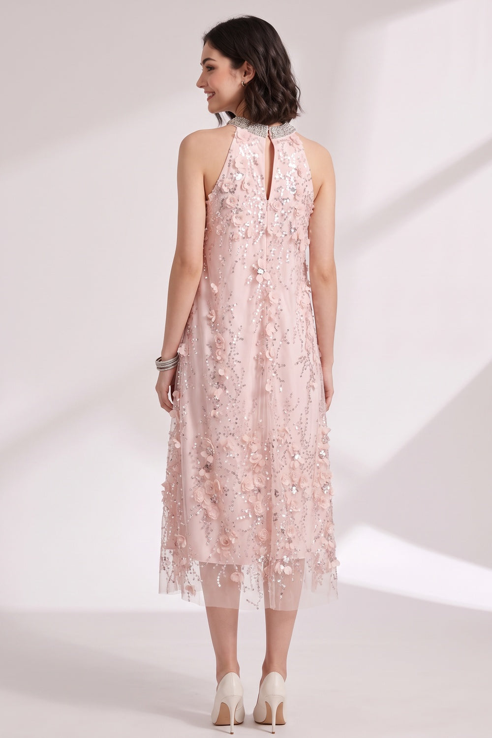 Blush Pink Tulle Mesh A-Line Shift Dress with Floral Embellishment - OWNCI Blush Pink Tulle Mesh A-Line Shift Dress with Floral Embellishment - OWNCI