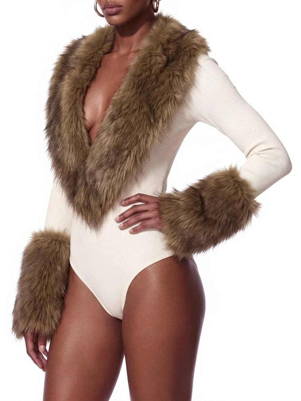 Qalmere Plunge Neck Faux Fur Bodysuit - OWNCI Qalmere Plunge Neck Faux Fur Bodysuit - OWNCI