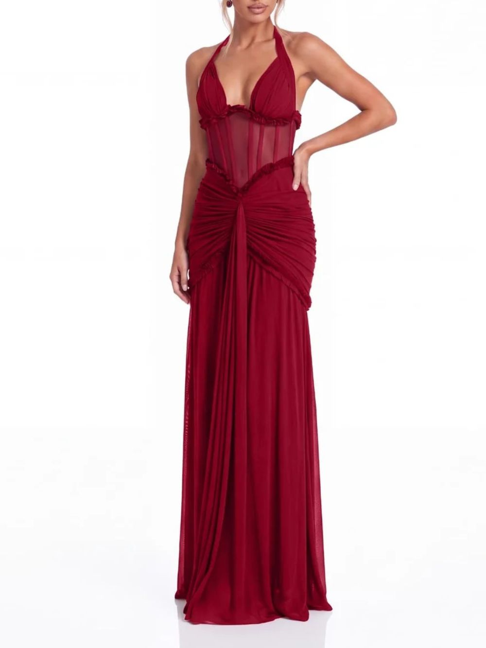 Liorqen Halterneck Ruched Maxi Dress - OWNCI