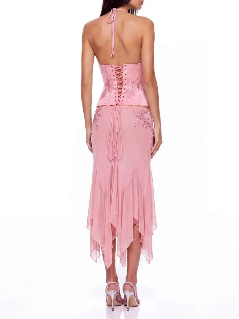 Graziella Halterneck Sequin Skirt Set In Pink - OWNCI