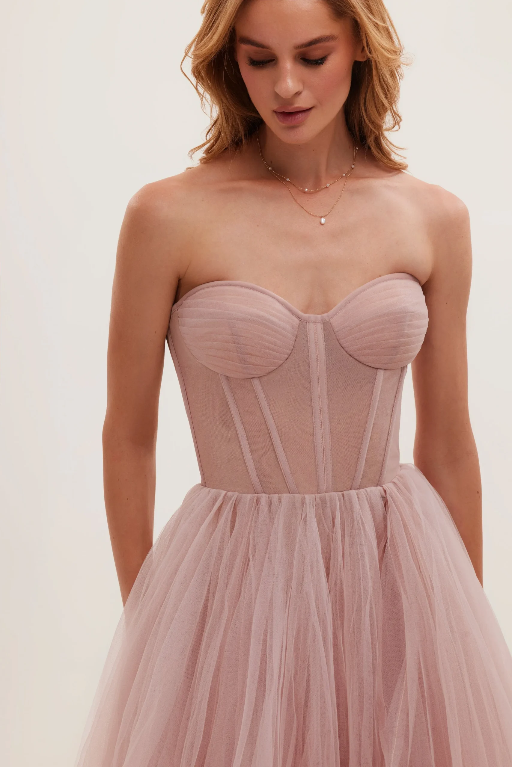 Misty Rose Strapless Puffy Midi Tulle Dress - OWNCI Misty Rose Strapless Puffy Midi Tulle Dress - OWNCI