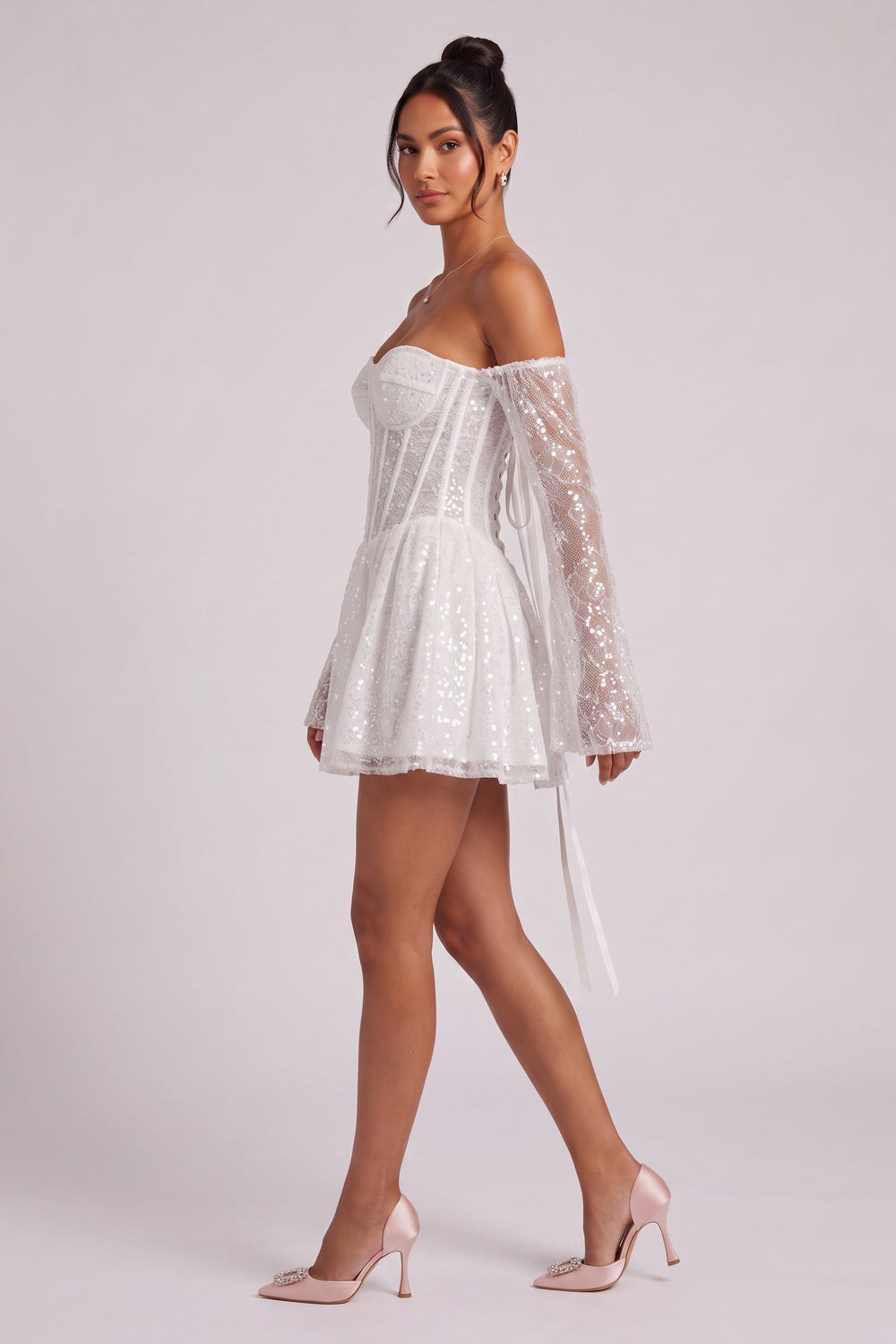 White Sequined Mesh Tulle Fit-And-Flare Mini Dress - OWNCI White Sequined Mesh Tulle Fit-And-Flare Mini Dress - OWNCI