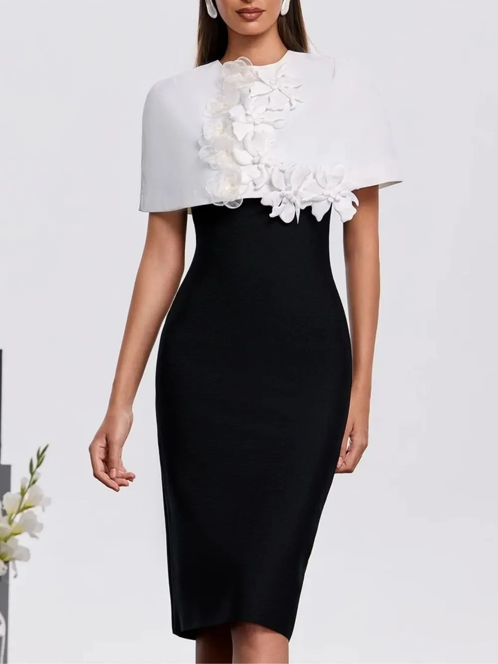 Gravenk Cape Flower Bandage Midi Dress - OWNCI