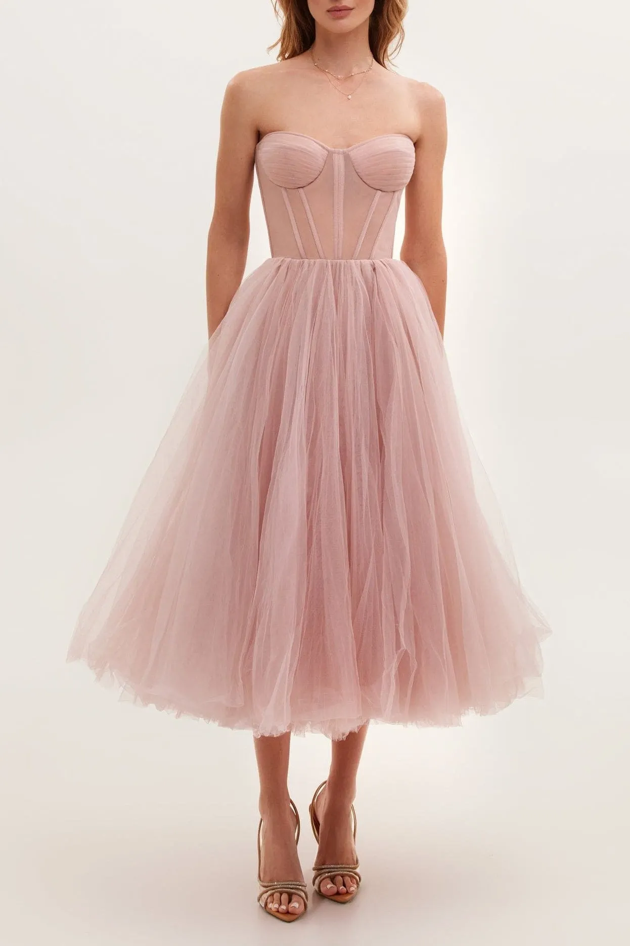 Misty Rose Strapless Puffy Midi Tulle Dress - OWNCI Misty Rose Strapless Puffy Midi Tulle Dress - OWNCI