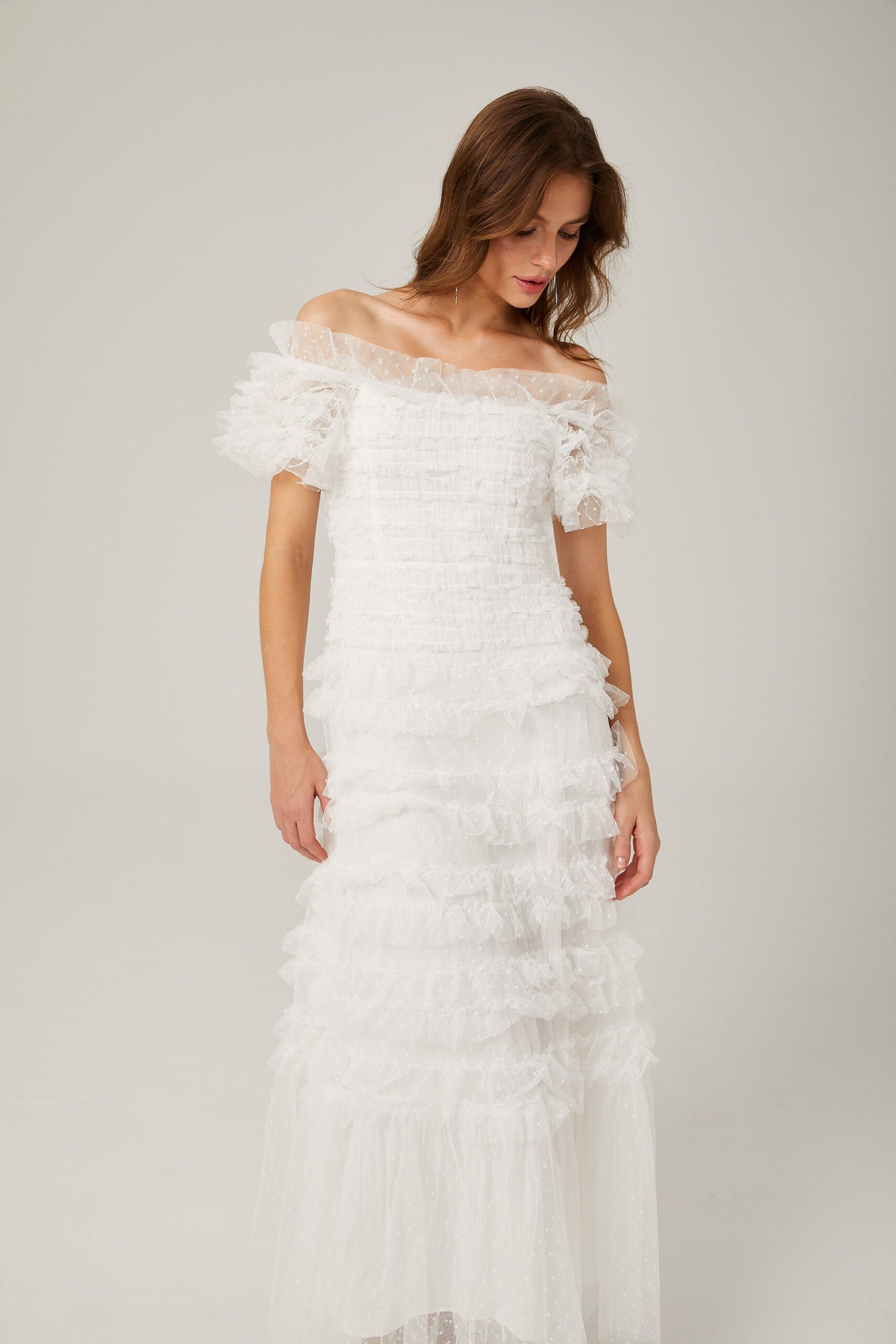Joyce Ruffled Tulle Tiered Strapless Midi Dress In White - OWNCI Joyce Ruffled Tulle Tiered Strapless Midi Dress In White - OWNCI