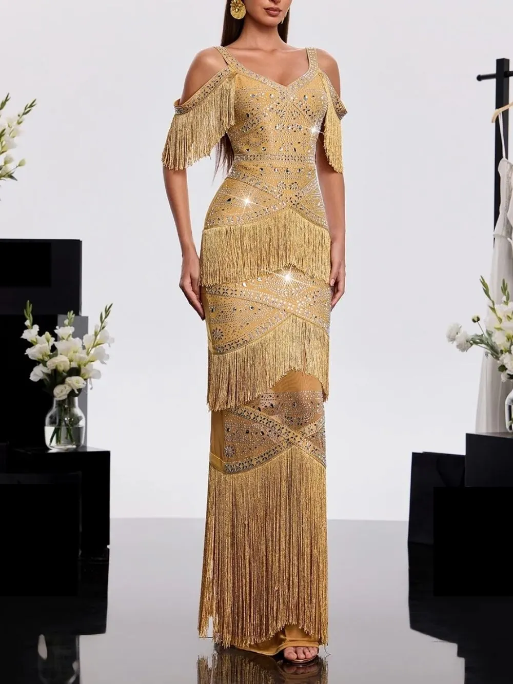 Laxden V Neck Fringe Rhinestone Maxi Dress - OWNCI