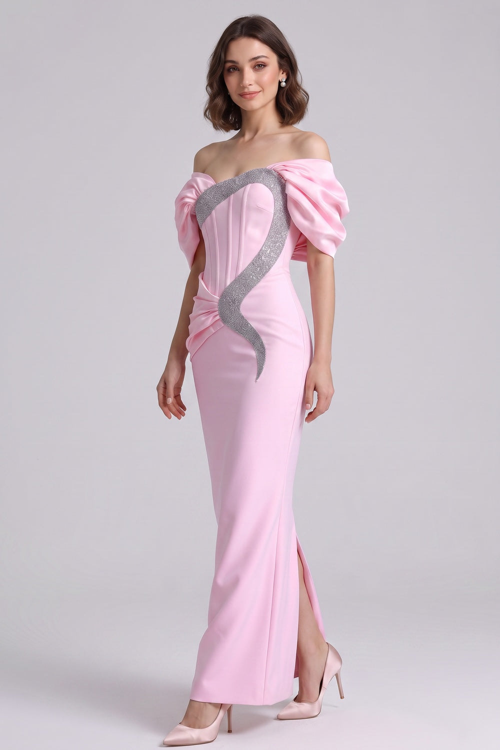 Light Pink Satin-Crepe Column Gown with Silver Sparkly Trim - OWNCI Light Pink Satin-Crepe Column Gown with Silver Sparkly Trim - OWNCI
