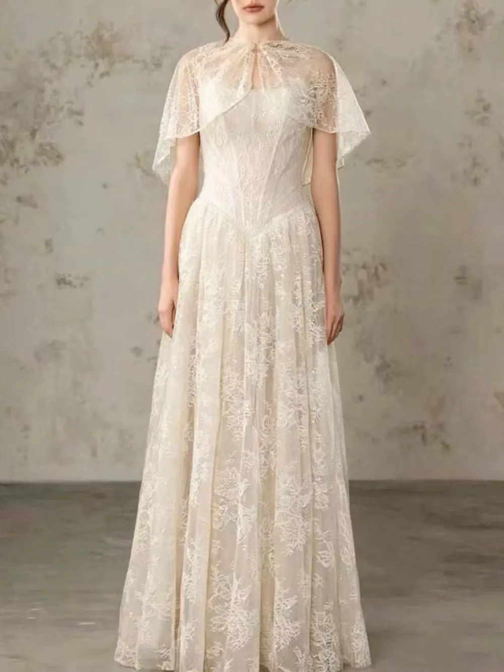 Lace Cape Strapless A Line Maxi Dress - OWNCI