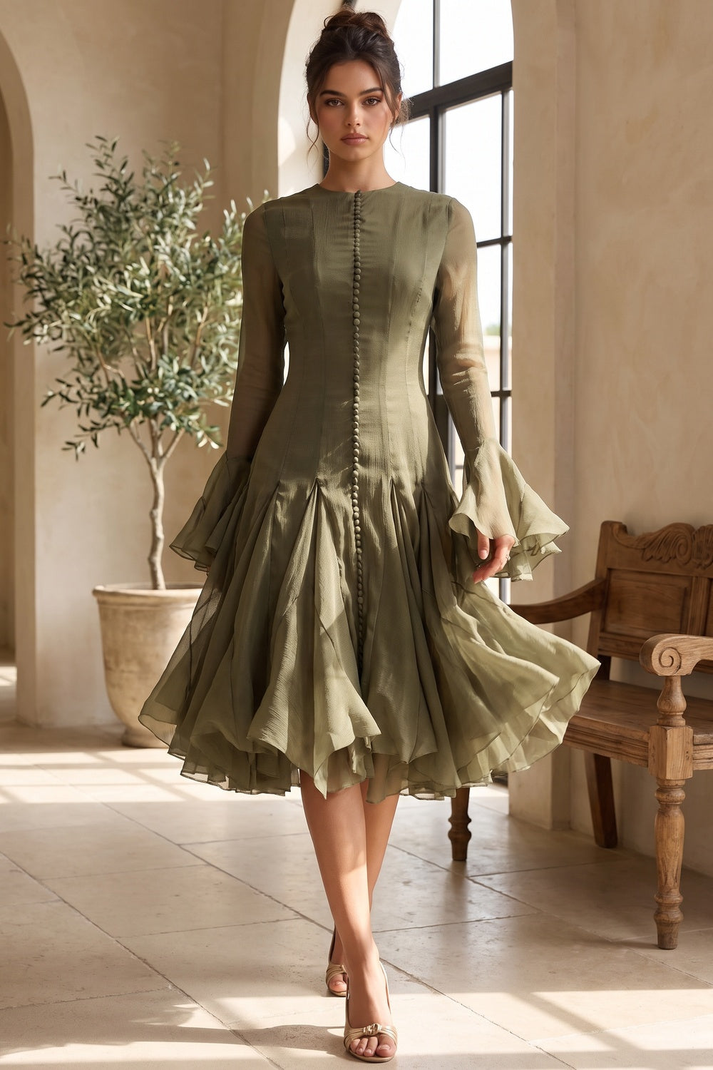 Olive Green Sheer Chiffon Fit-and-Flare Midi Dress - OWNCI Olive Green Sheer Chiffon Fit-and-Flare Midi Dress - OWNCI
