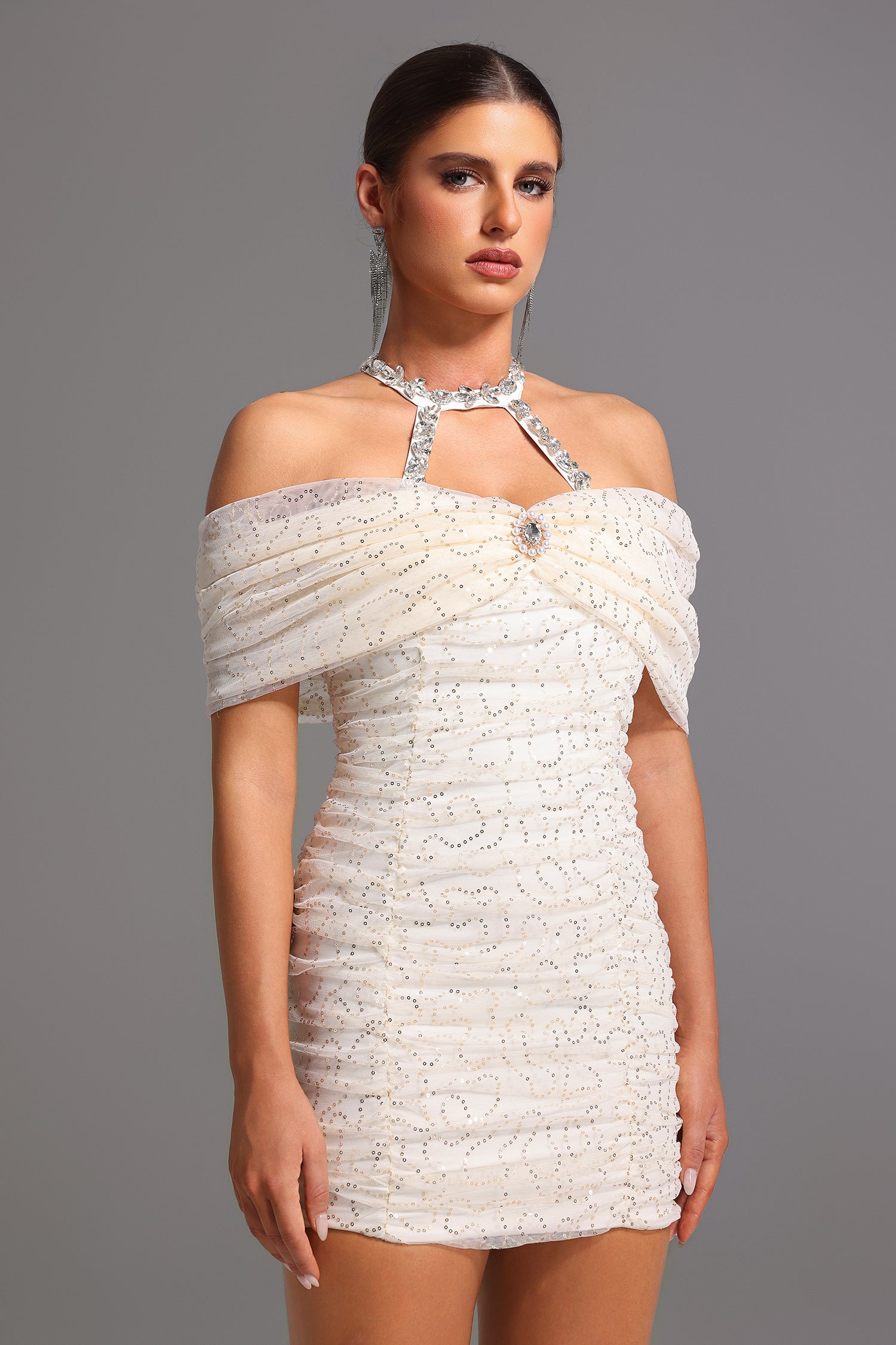 Joa Halter Off-The-Shoulder Bow Mini Dress In Apricot - OWNCI Joa Halter Off-The-Shoulder Bow Mini Dress In Apricot - OWNCI