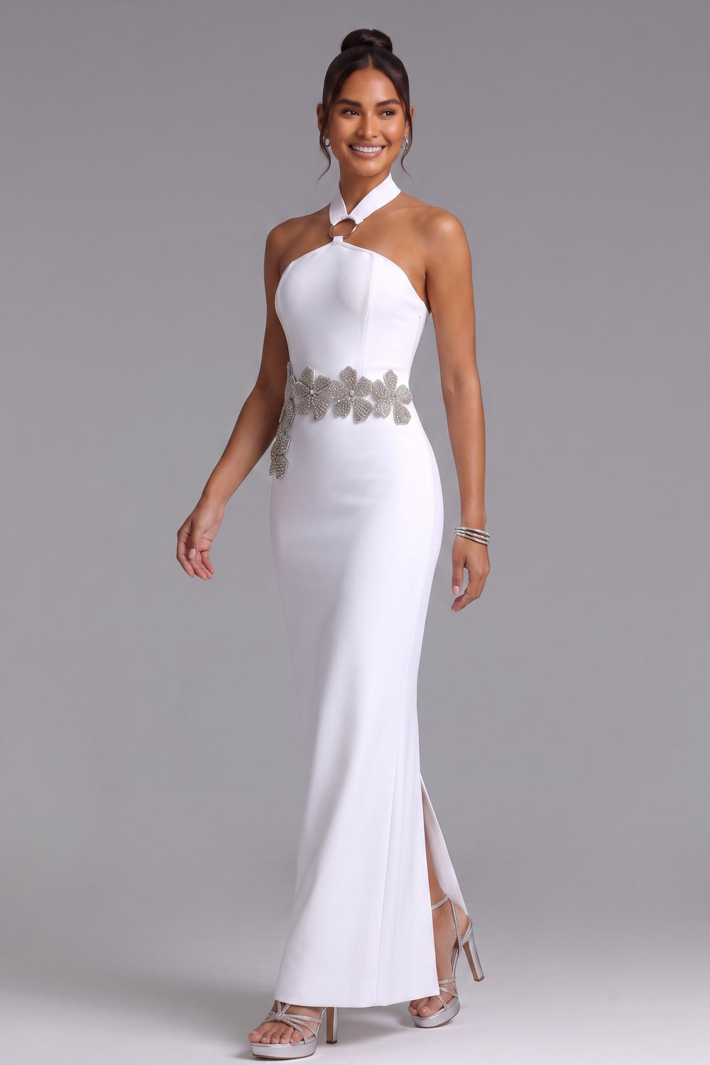 White Crepe Column Gown with Silver Floral Embellishment - OWNCI