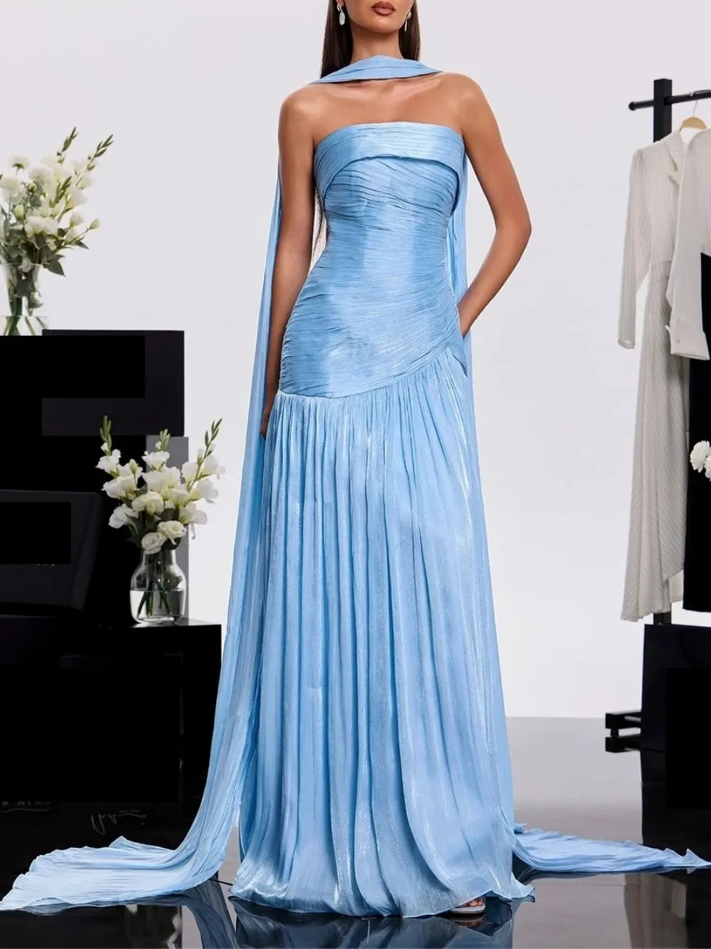 Bravexia Strapless Pleated Scarf Maxi Dress - OWNCI