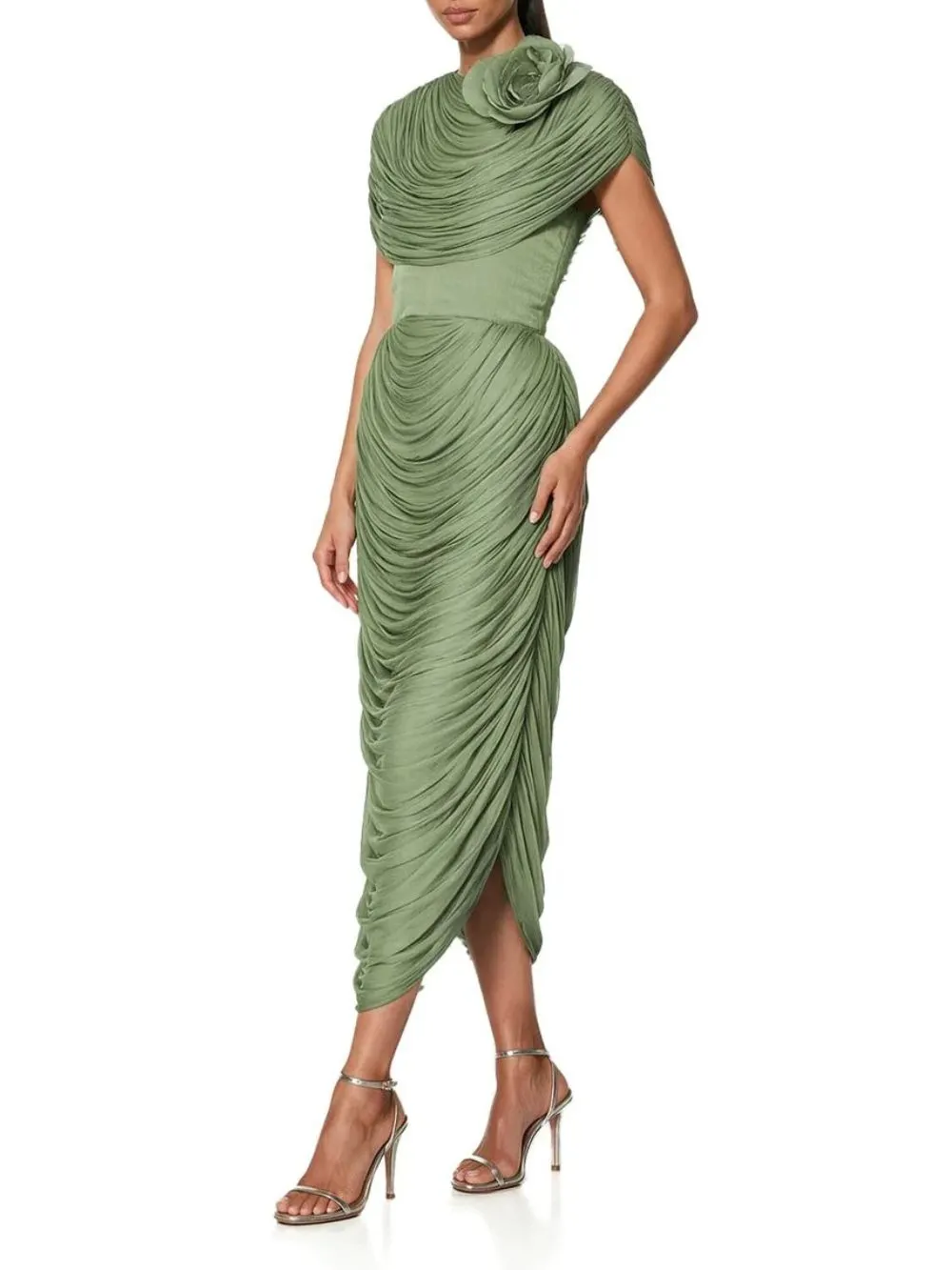 Kessari Flower Draped Midi Dress In Green - OWNCI Kessari Flower Draped Midi Dress In Green - OWNCI
