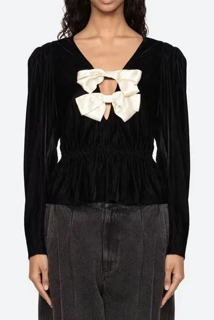 Wallis Black v-Neck Bow Cutout Velvet Top - OWNCI Wallis Black v-Neck Bow Cutout Velvet Top - OWNCI
