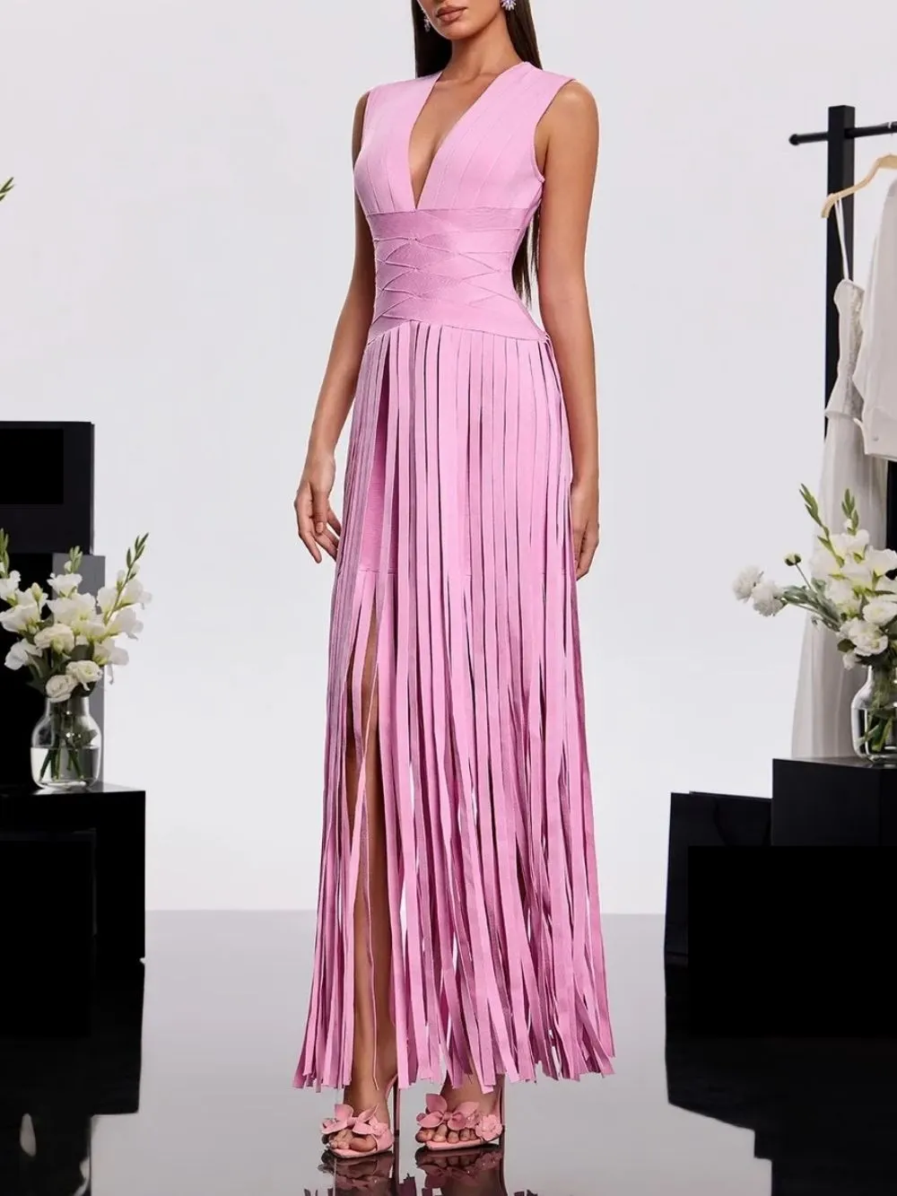 Hasika V Neck Fringe Bandage Dress - OWNCI