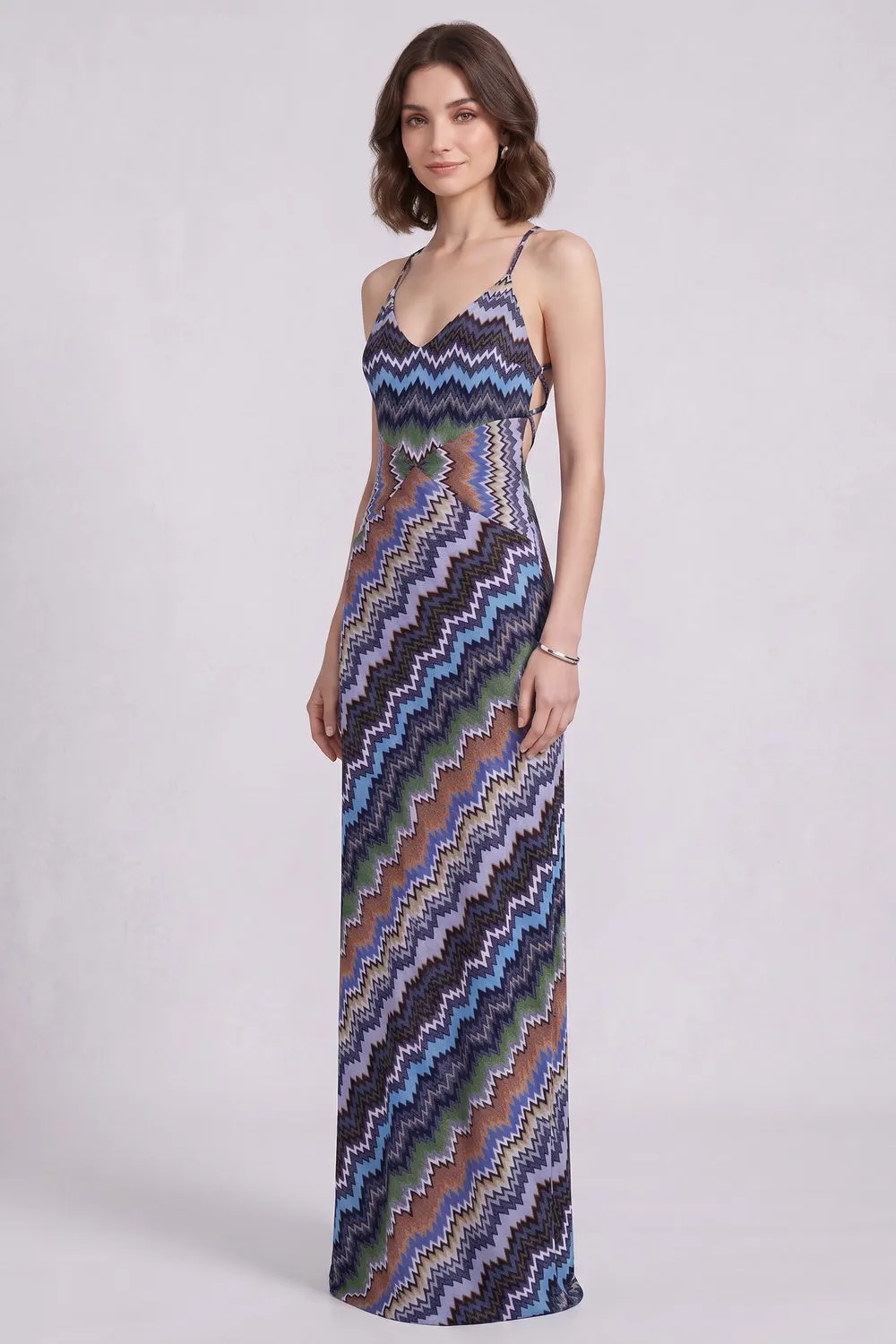 Blue Fine Knit Chevron Maxi Dress - OWNCI