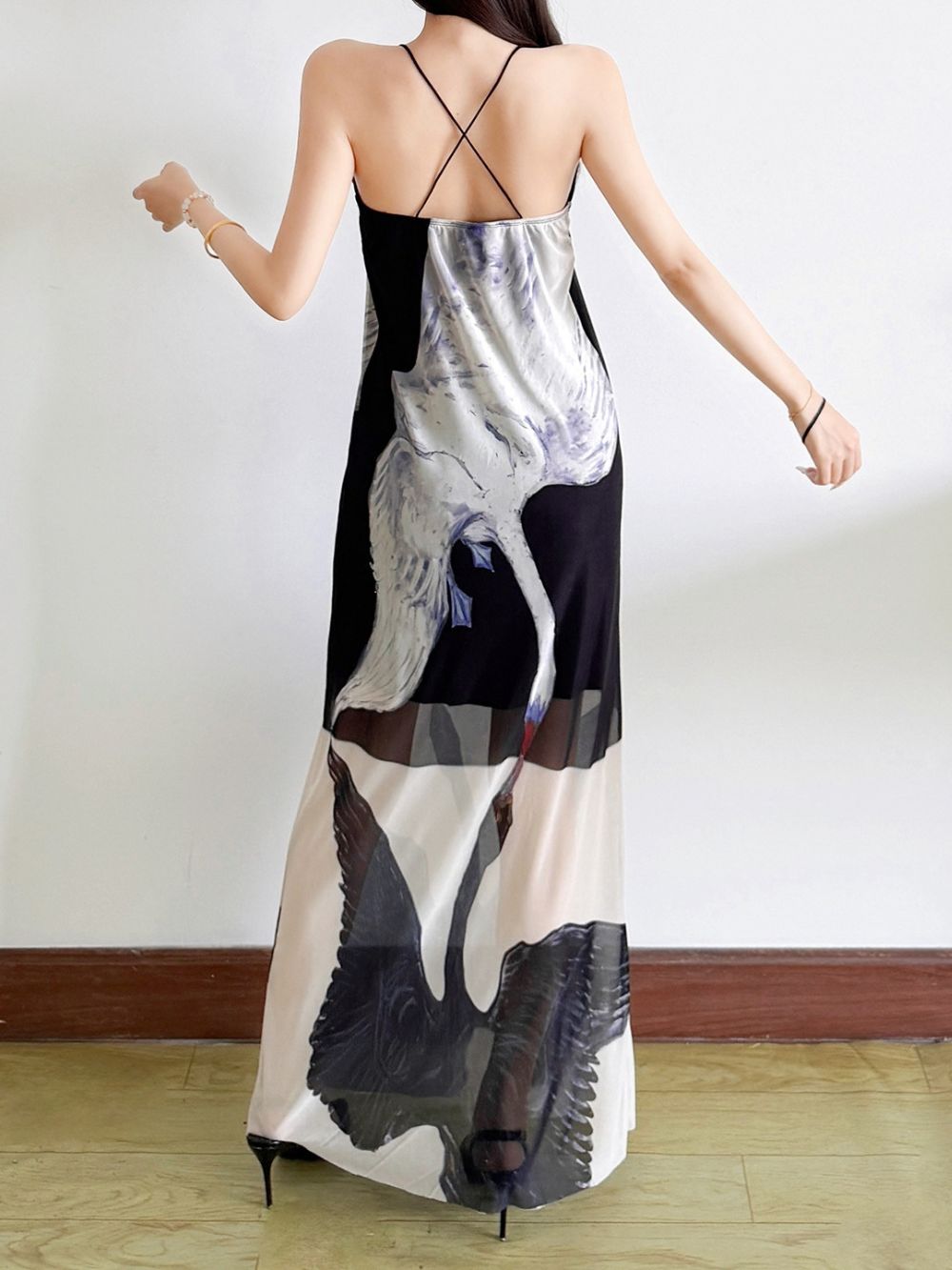 Meryem Spaghetti Swan Printed Maxi Dress - OWNCI
