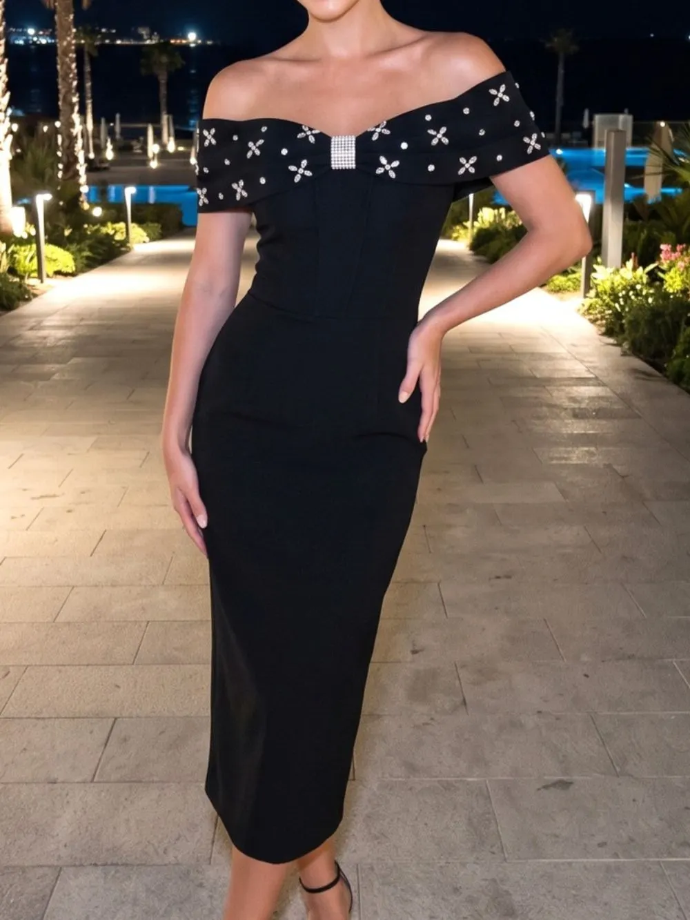 Crystal Embellished Draped Bardot Midi Dress Black - OWNCI Crystal Embellished Draped Bardot Midi Dress Black - OWNCI