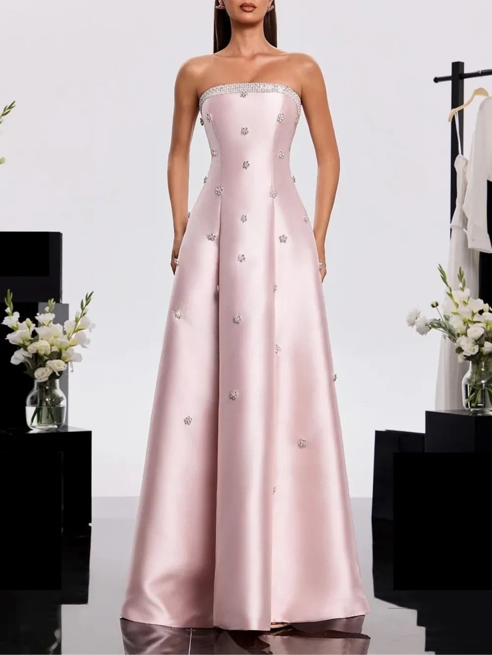 Harumi Strapless Rhinestone Satin Dress - OWNCI Harumi Strapless Rhinestone Satin Dress - OWNCI