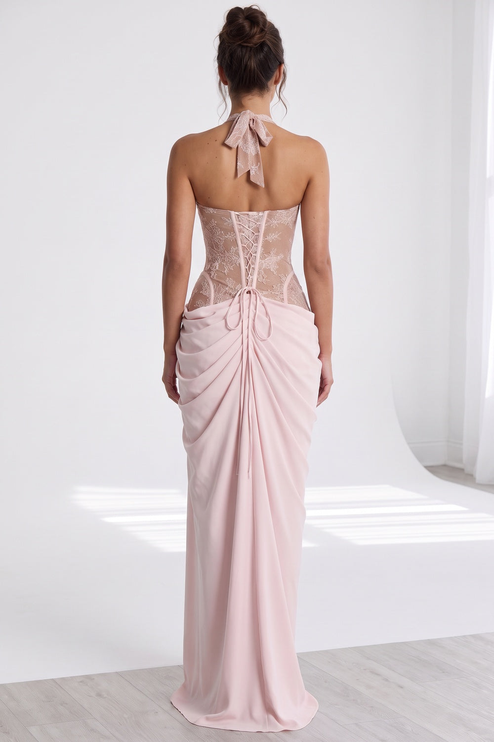 Pale Pink Crepe Draped Column With Corset Bodice Gown - OWNCI