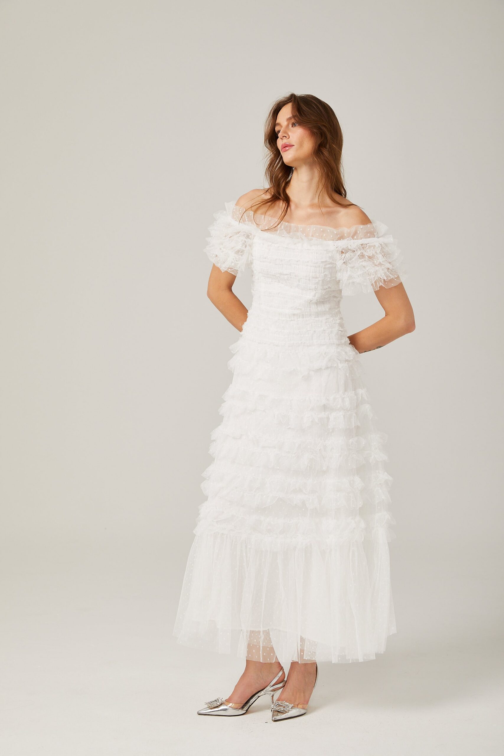 Joyce Ruffled Tulle Tiered Strapless Midi Dress In White - OWNCI Joyce Ruffled Tulle Tiered Strapless Midi Dress In White - OWNCI