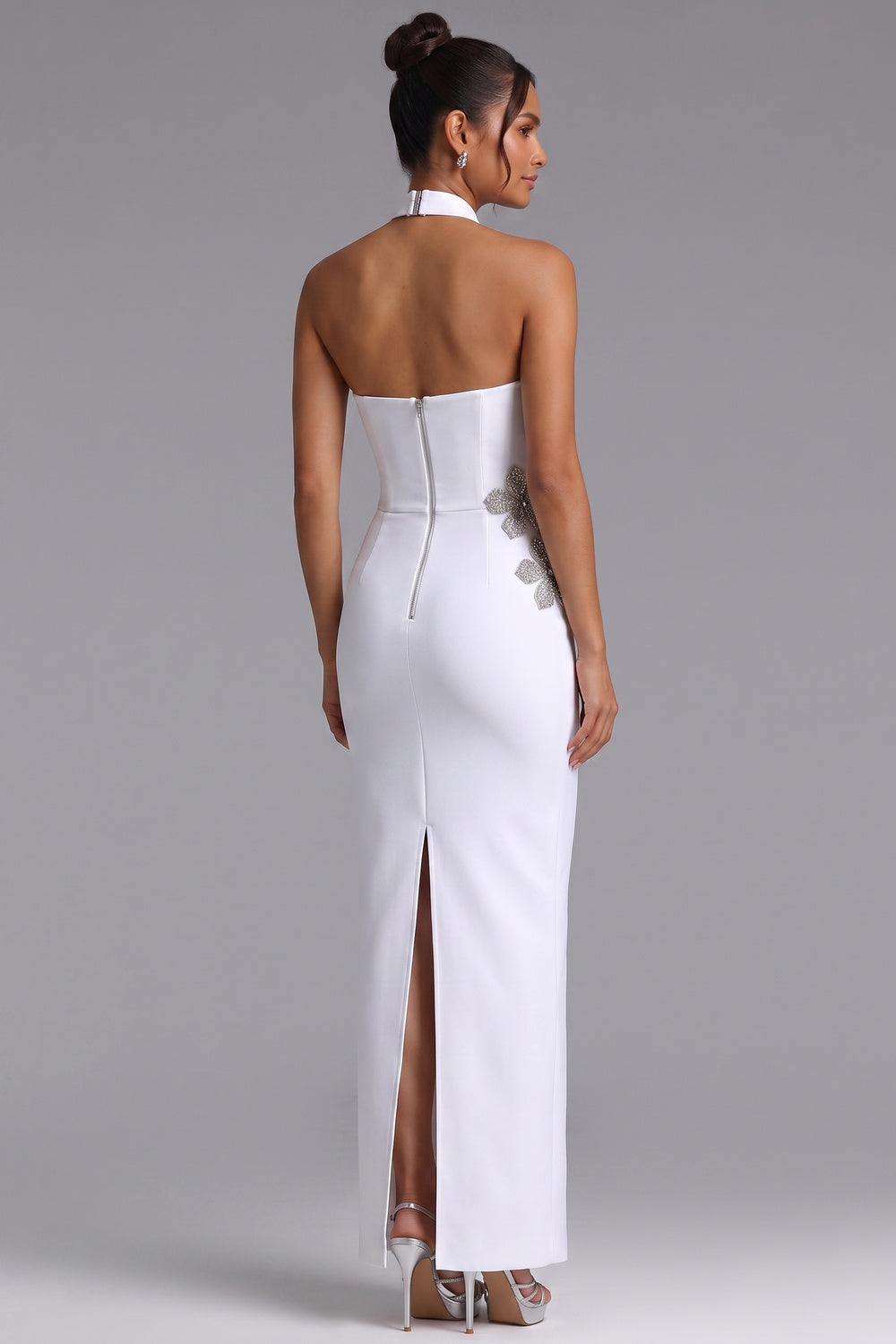 White Crepe Column Gown with Silver Floral Embellishment - OWNCI