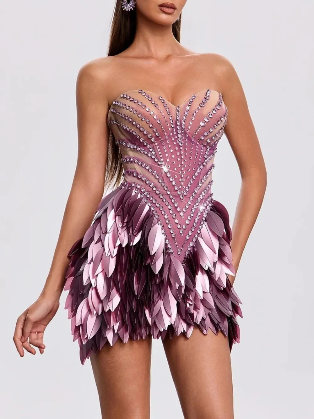 Xandrik Strapless Leaf Rhinestone Mini Dress - OWNCI Xandrik Strapless Leaf Rhinestone Mini Dress - OWNCI