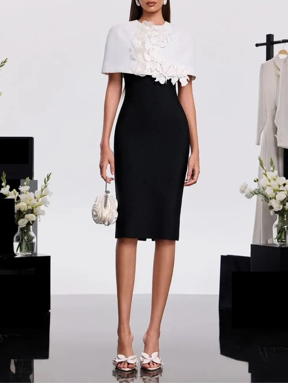 Gravenk Cape Flower Bandage Midi Dress - OWNCI