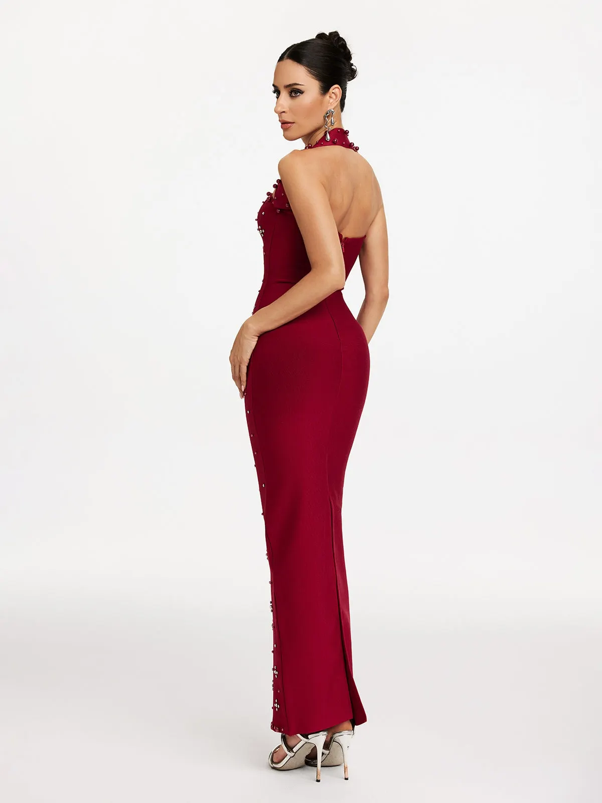 Elvira Halterneck Pearl Bandage Midi Dress In Red - OWNCI Elvira Halterneck Pearl Bandage Midi Dress In Red - OWNCI