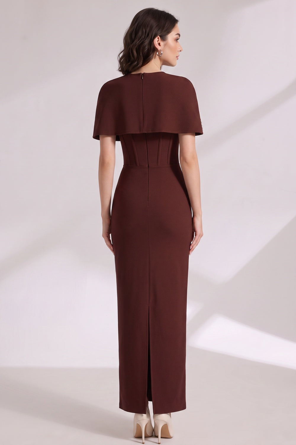 Dark Brown Structured Crepe Column Dress with Capelet Overlay - OWNCI Dark Brown Structured Crepe Column Dress with Capelet Overlay - OWNCI
