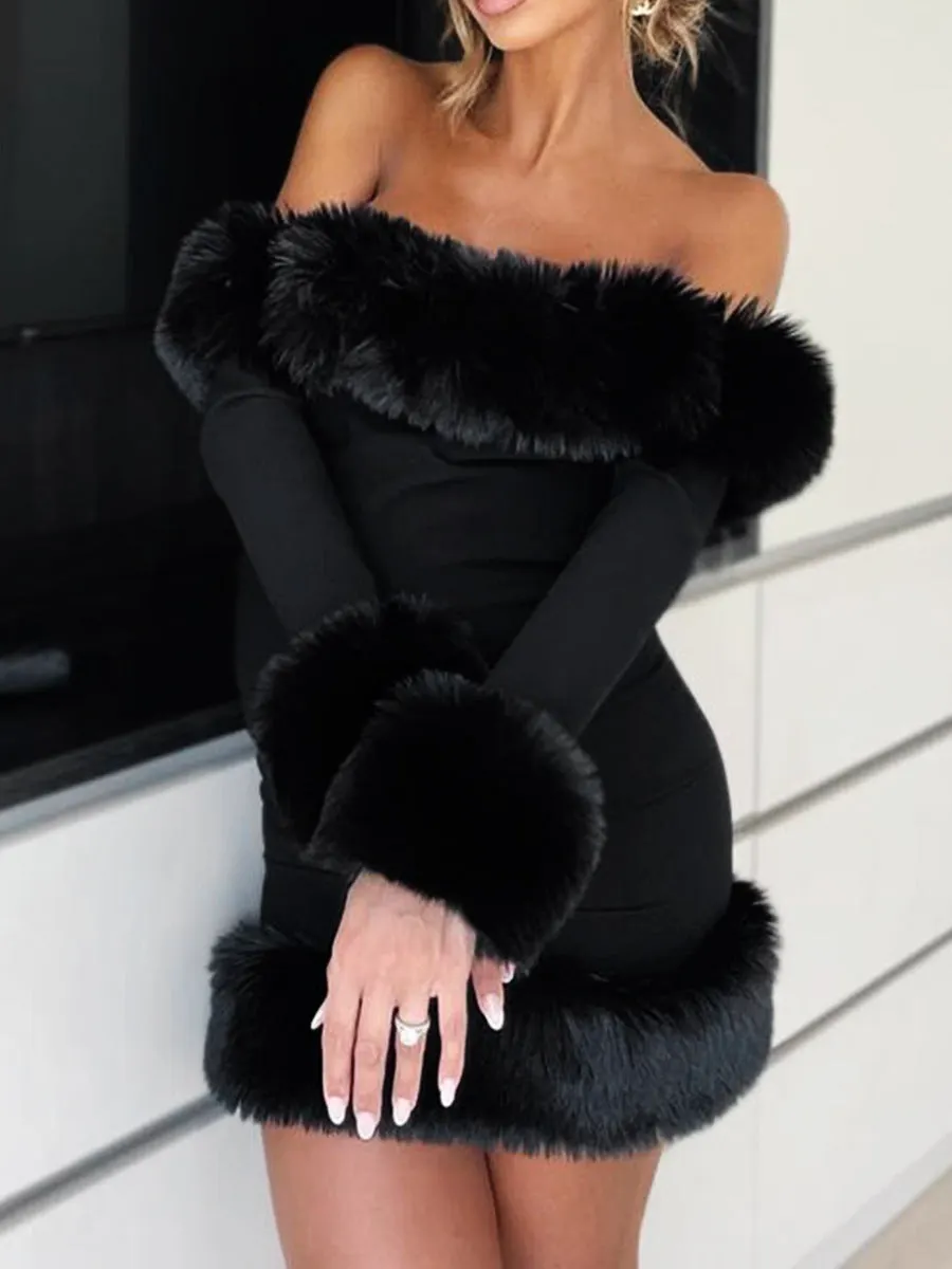 Rita Black Long-Sleeve Off-Shoulder Mini Dress With Fuzzy Details - OWNCI Rita Black Long-Sleeve Off-Shoulder Mini Dress With Fuzzy Details - OWNCI