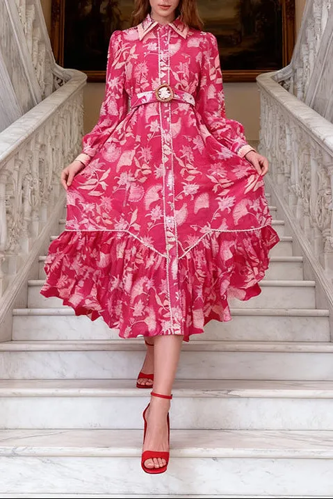 Phoenix Red Floral Print Maxi Dress With Belt - OWNCI