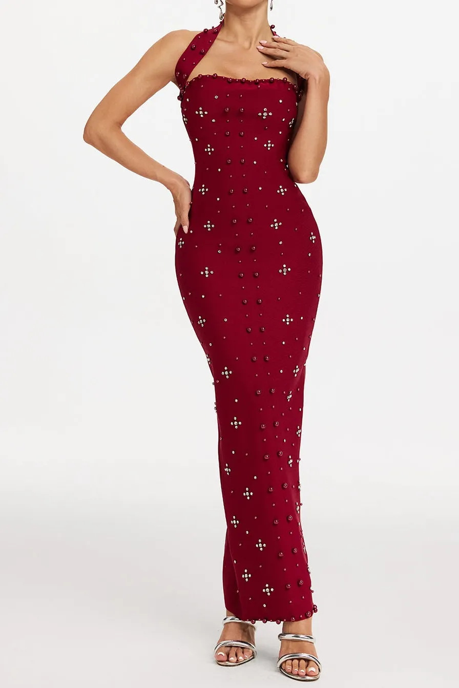 Elvira Halterneck Pearl Bandage Midi Dress In Red - OWNCI