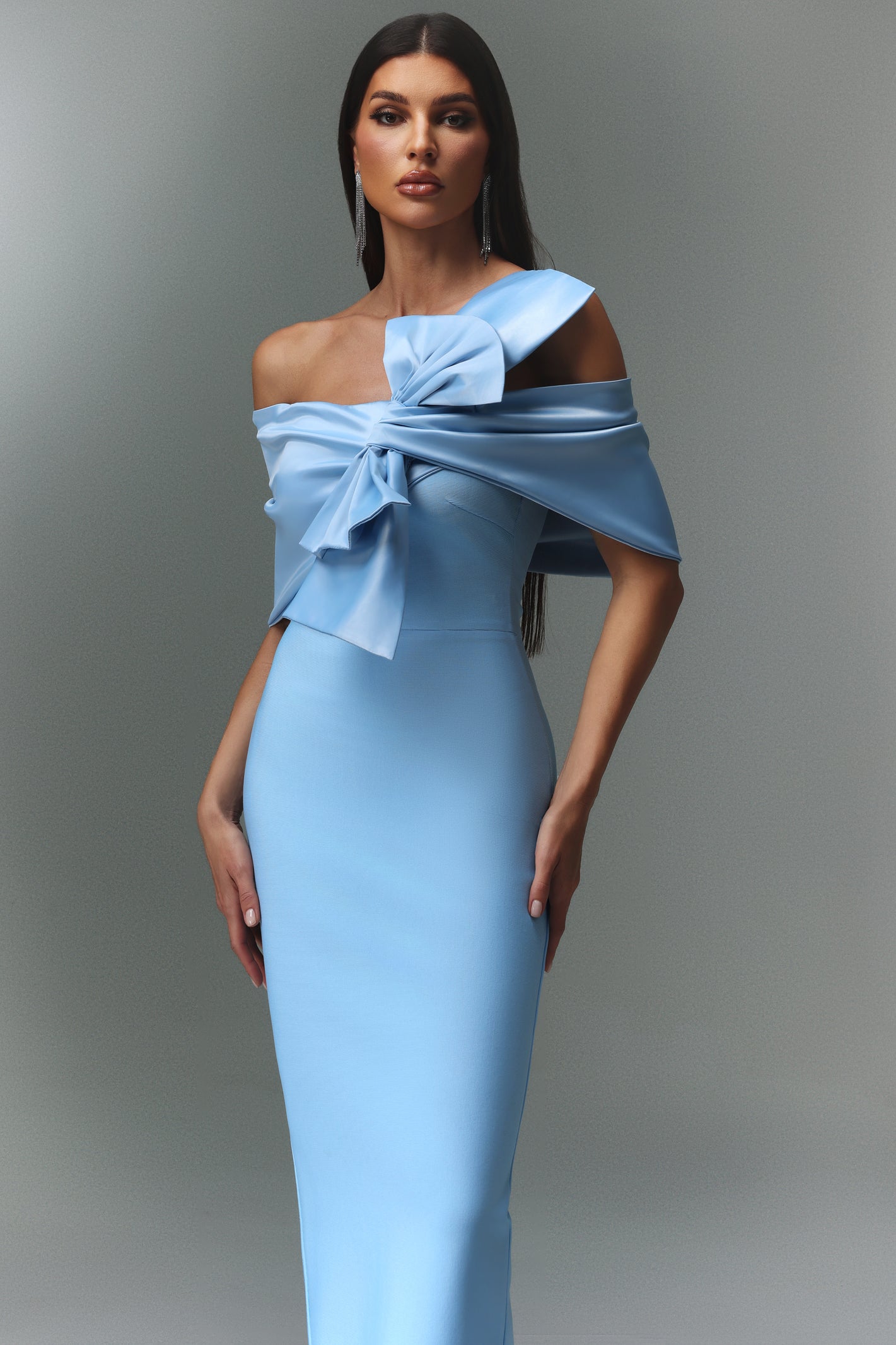 Marina Blue One-Shoulder Bow Bandage Satin Maxi Dress - OWNCI Marina Blue One-Shoulder Bow Bandage Satin Maxi Dress - OWNCI