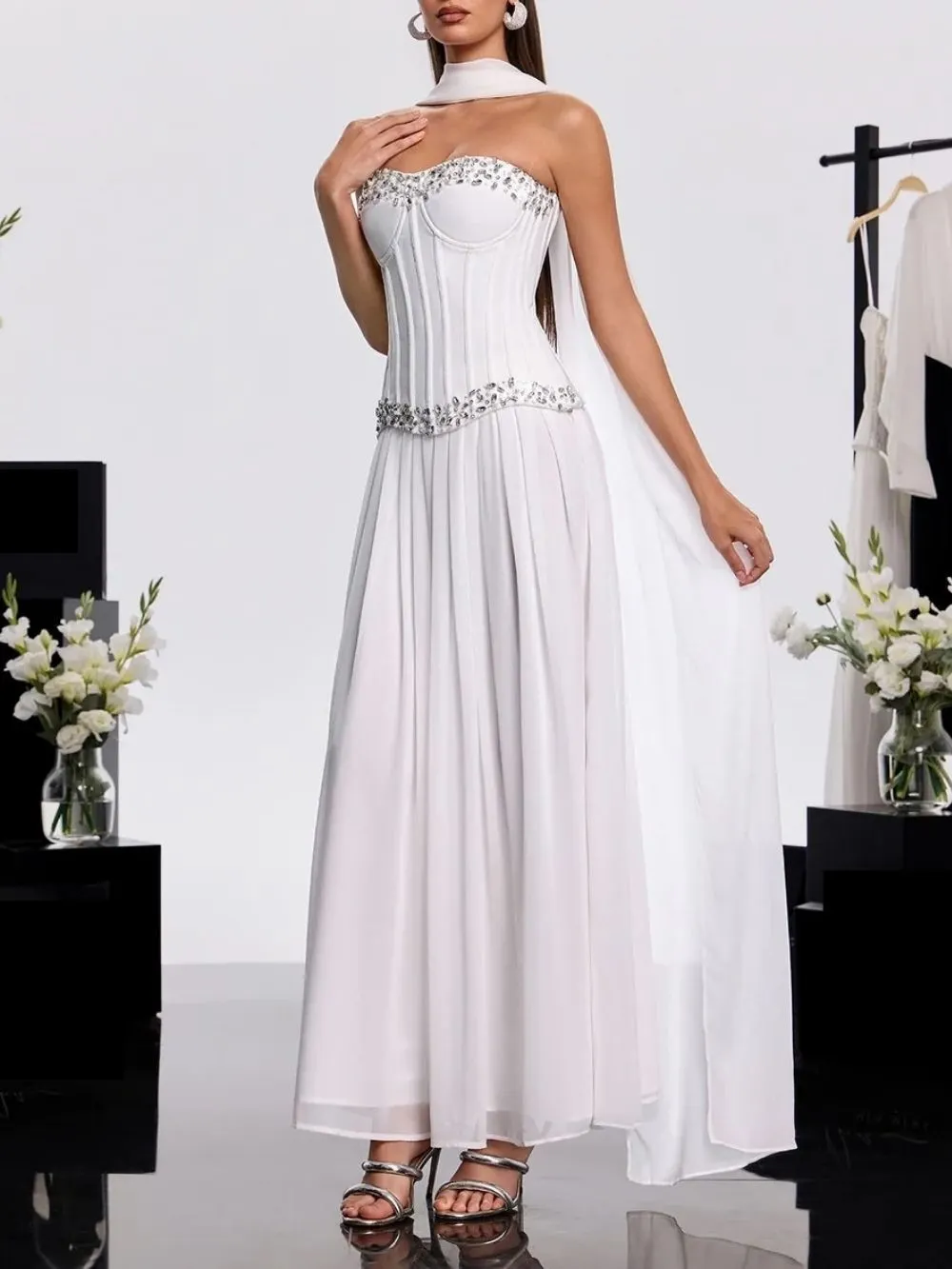 Zeldran Scarf Strapless Crystal Maxi Dress - OWNCI
