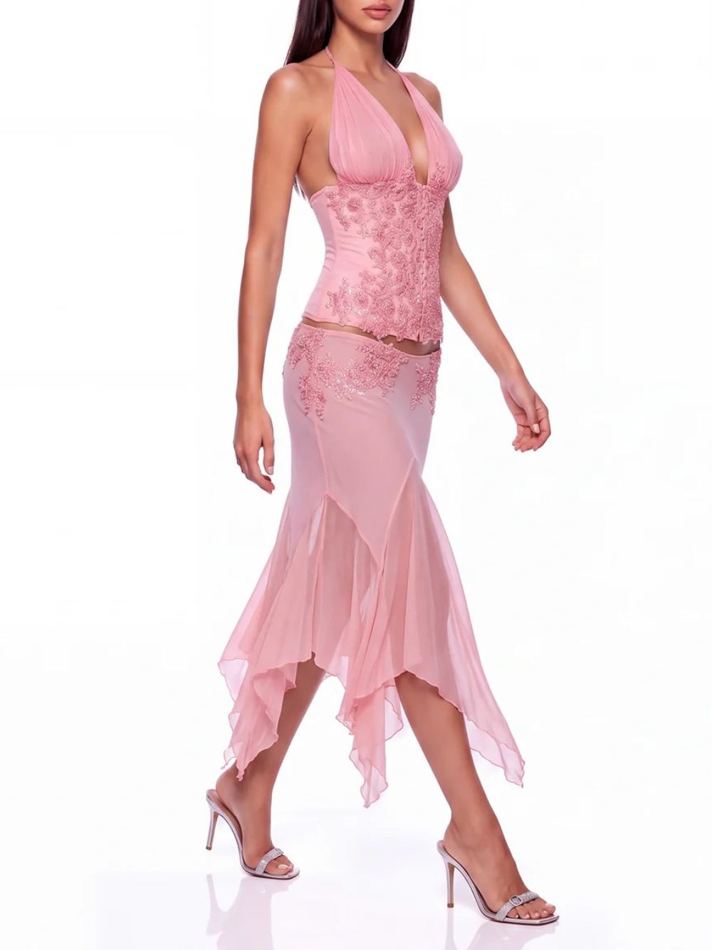 Graziella Halterneck Sequin Skirt Set In Pink - OWNCI Graziella Halterneck Sequin Skirt Set In Pink - OWNCI
