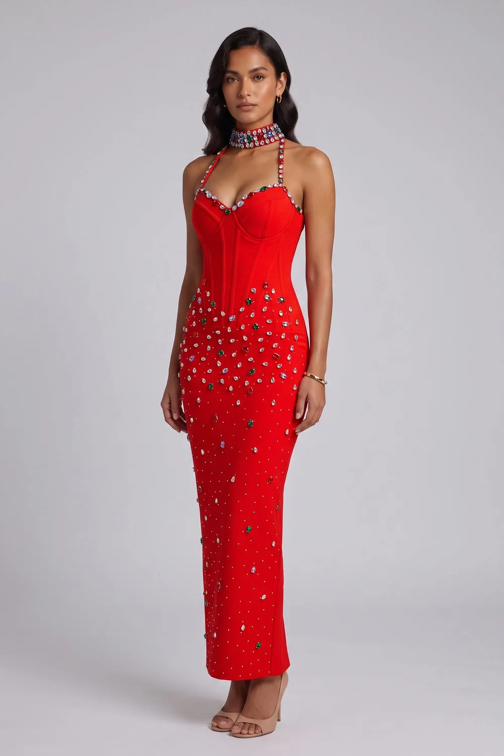 Red Crepe Sheath Dress with Embellished Halter Neck - OWNCI Red Crepe Sheath Dress with Embellished Halter Neck - OWNCI