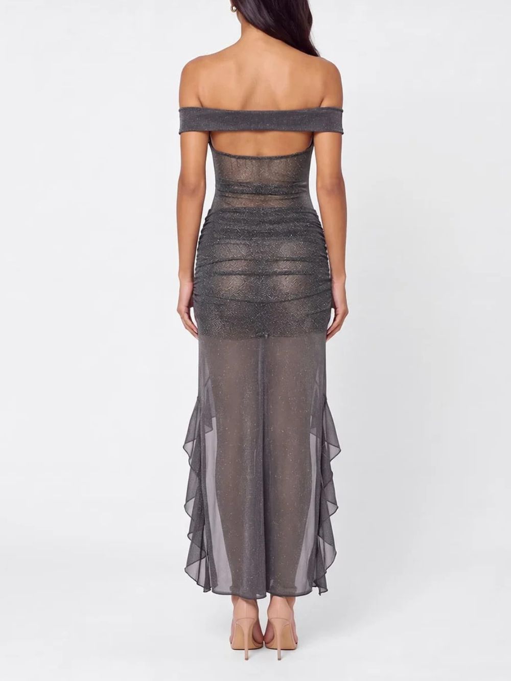 Sadrien Off Shoulder Glitter Ruffle Dress - OWNCI