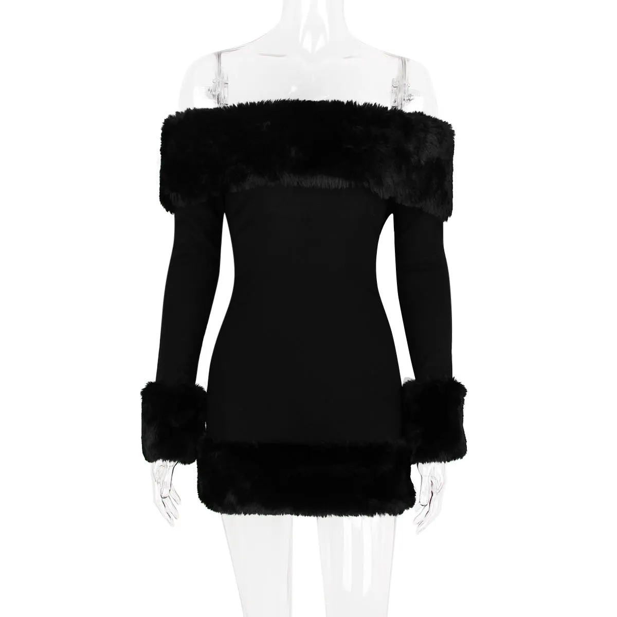 Rita Black Long-Sleeve Off-Shoulder Mini Dress With Fuzzy Details - OWNCI Rita Black Long-Sleeve Off-Shoulder Mini Dress With Fuzzy Details - OWNCI