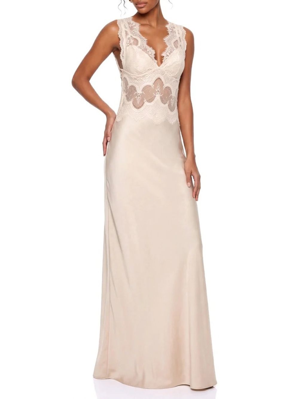 Amelqis V Neck Lace Satin Maxi Dress - OWNCI Amelqis V Neck Lace Satin Maxi Dress - OWNCI