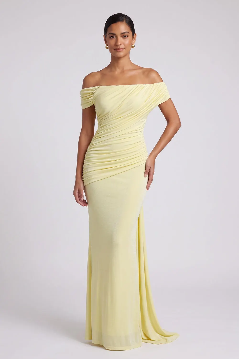 Pale Yellow Stretch Jersey Column Gown - OWNCI Pale Yellow Stretch Jersey Column Gown - OWNCI
