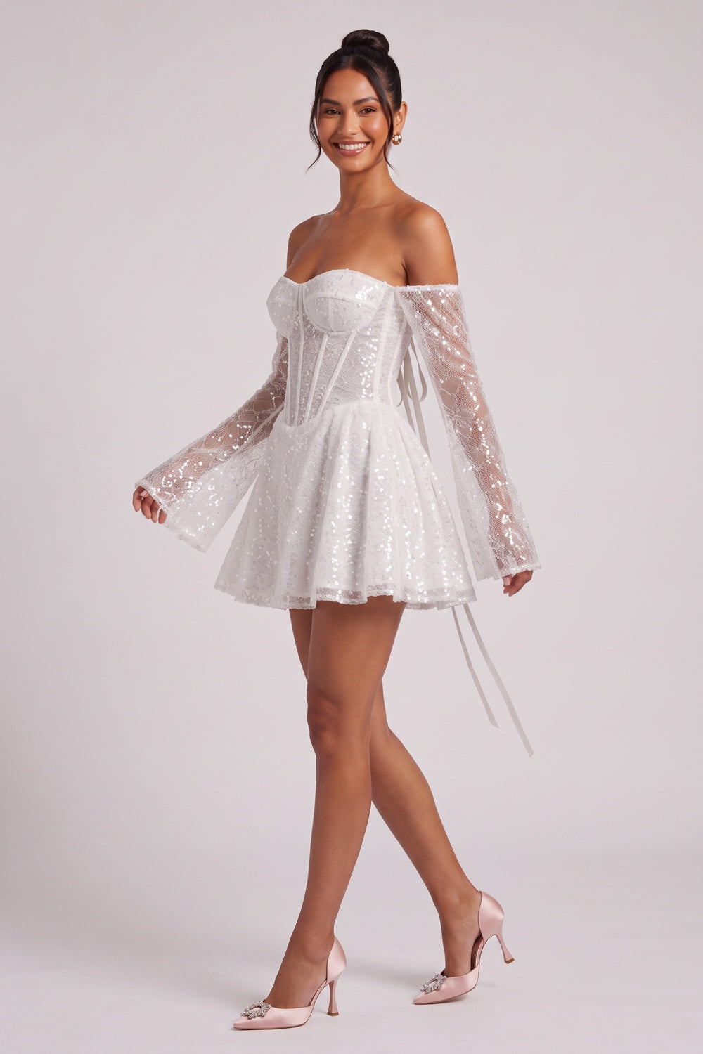 White Sequined Mesh Tulle Fit-And-Flare Mini Dress - OWNCI